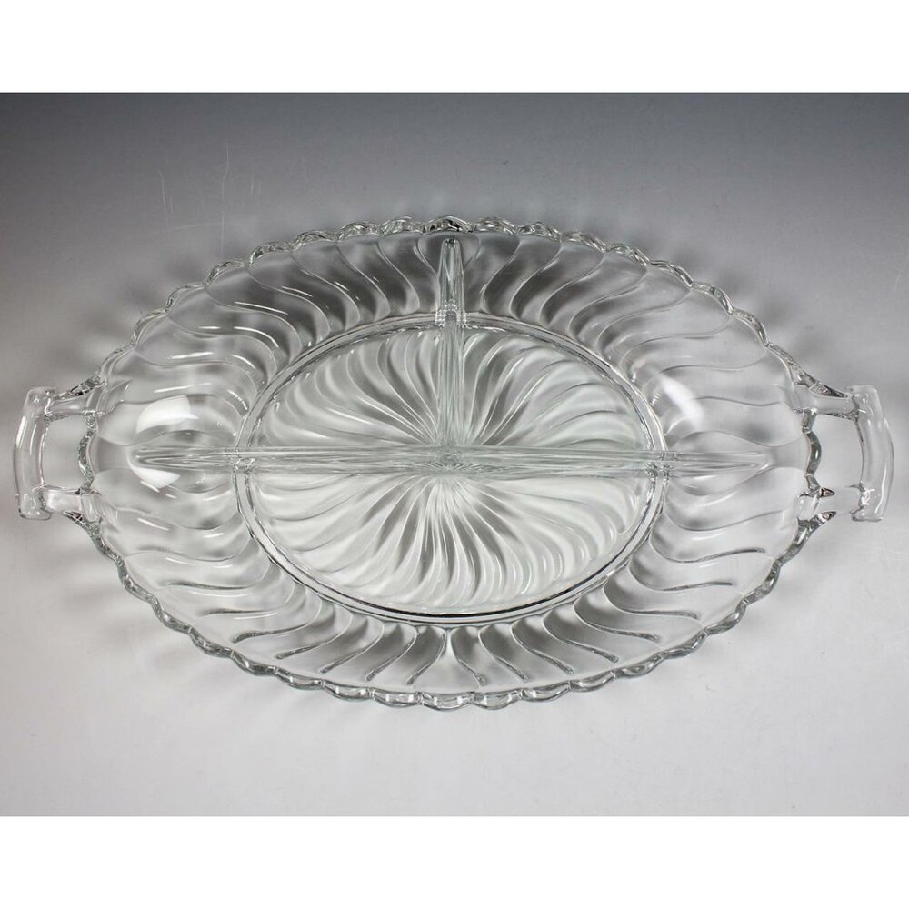 Fostoria Colony 3-Part Divided Relish Dish 13" Clear Swirl Pattern 2412